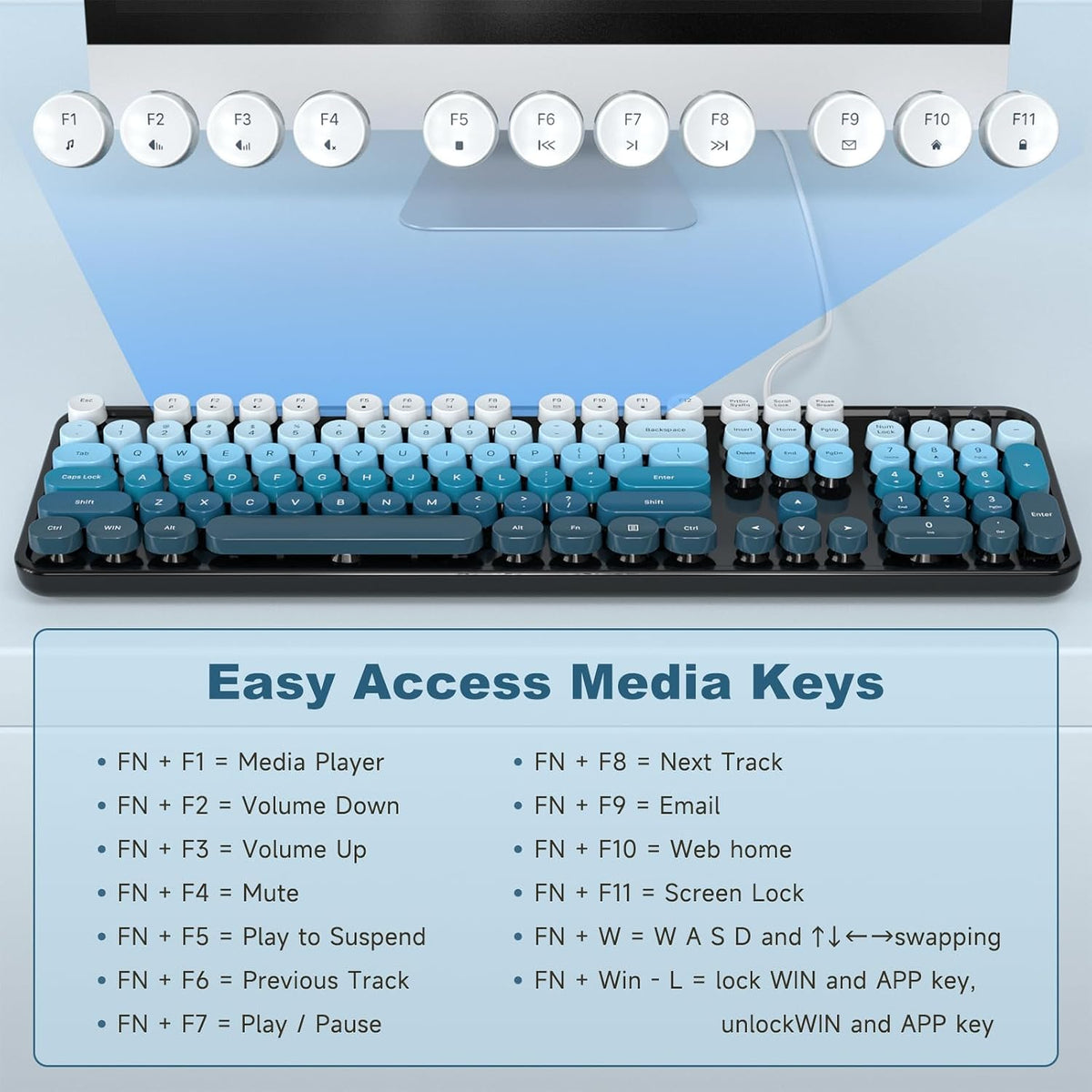 MOFII Computer Keyboards Wired, Plug Play USB Full Size Typewriter Keyboard, Cute Colorful Aesthetic Keyboard with Foldable Stands for Windows PC Laptop (Black Blue)