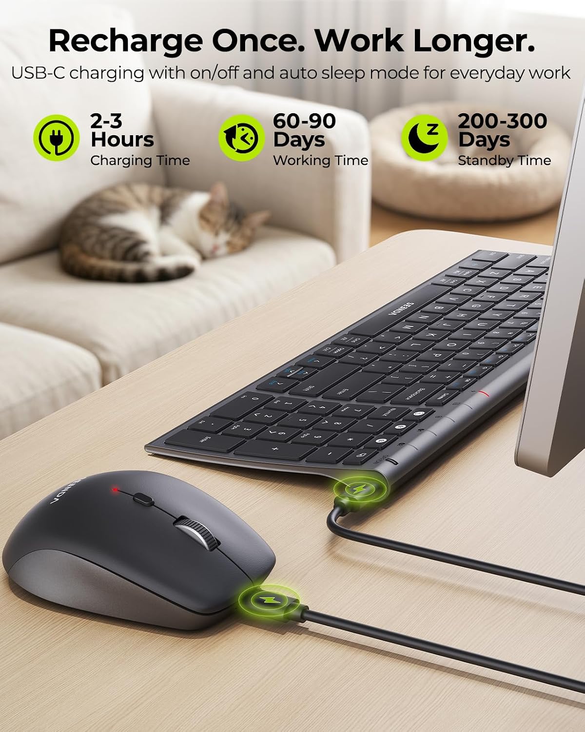 seenda COE401 3-Device Bluetooth Keyboard Mouse Combo, Silent, Black Gray