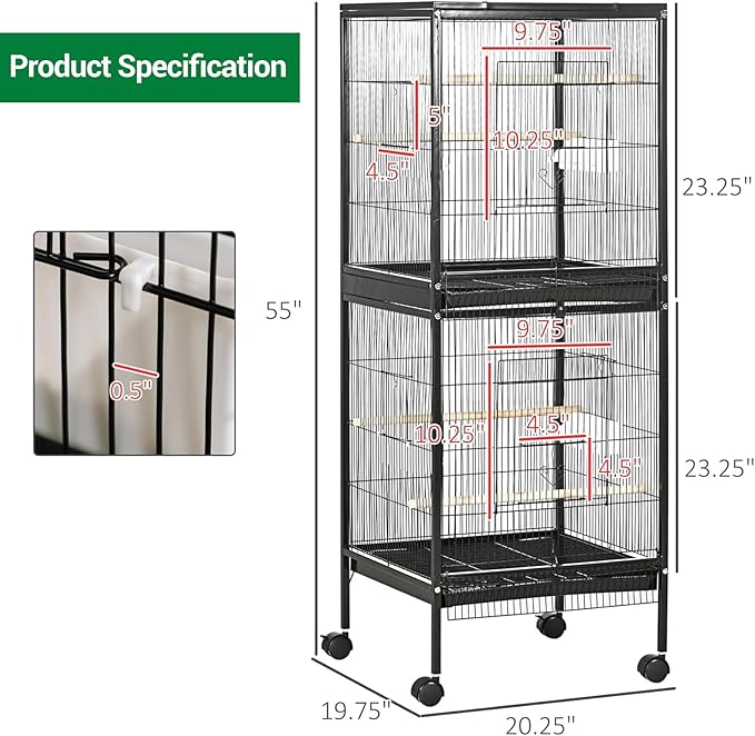 55 inch Wrought Iron Bird Cage Double Stackable Metal Cage w/Play Open Top and Rolling Stand with Pull Out Tray for a Canary Finch