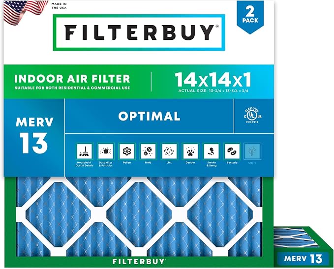 Filterbuy 14x14x1 Air Filter MERV 13 Optimal Smoke & Allergy Defense,