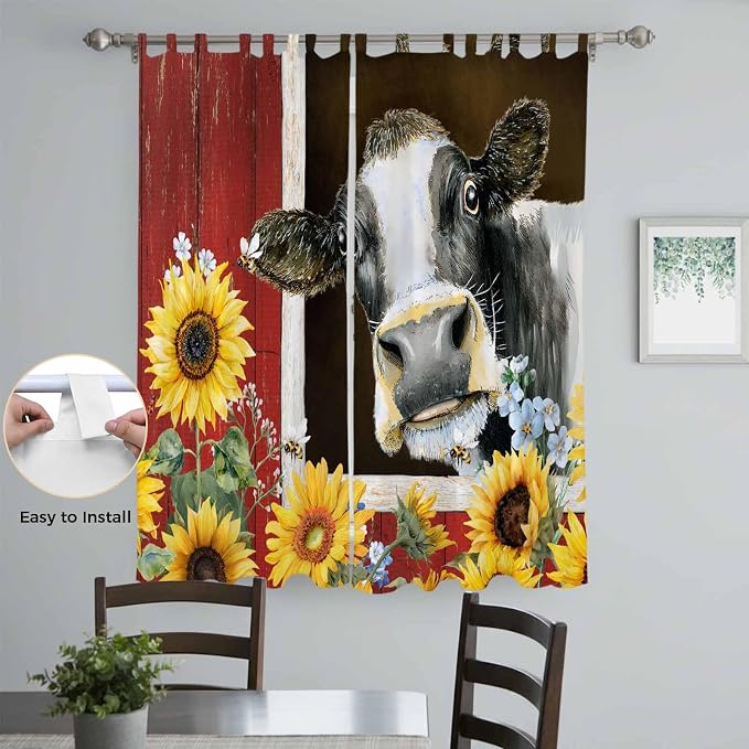 Cows Sunflowers Living Room Curtains 84 Inch Length, Window Curtains Tab Top