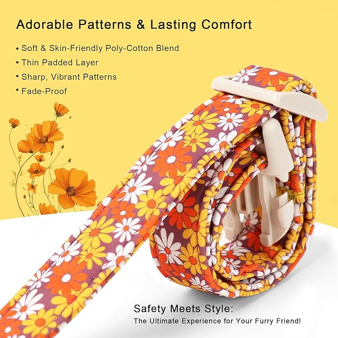 Fall Dog Collar Vintage Daisy Puppy Collar - Hippie Flower Dog Collars Light Comfortable Adjustable Pet Collars for Small Medium Large Girl Boy Dogs L