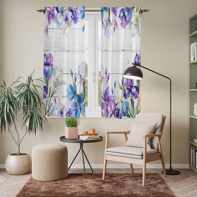 Spring Flowers Kitchen Curtains, Watercolor Garden Florals Wooden Grain Light