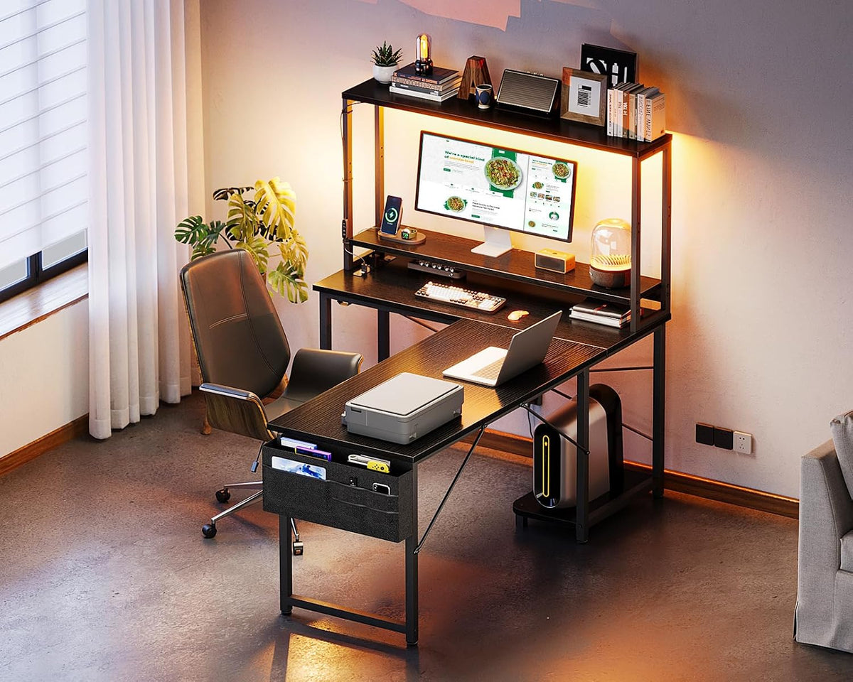 ODK 53" L Shaped Gaming Desk with Shelves, LED & Outlets, Black