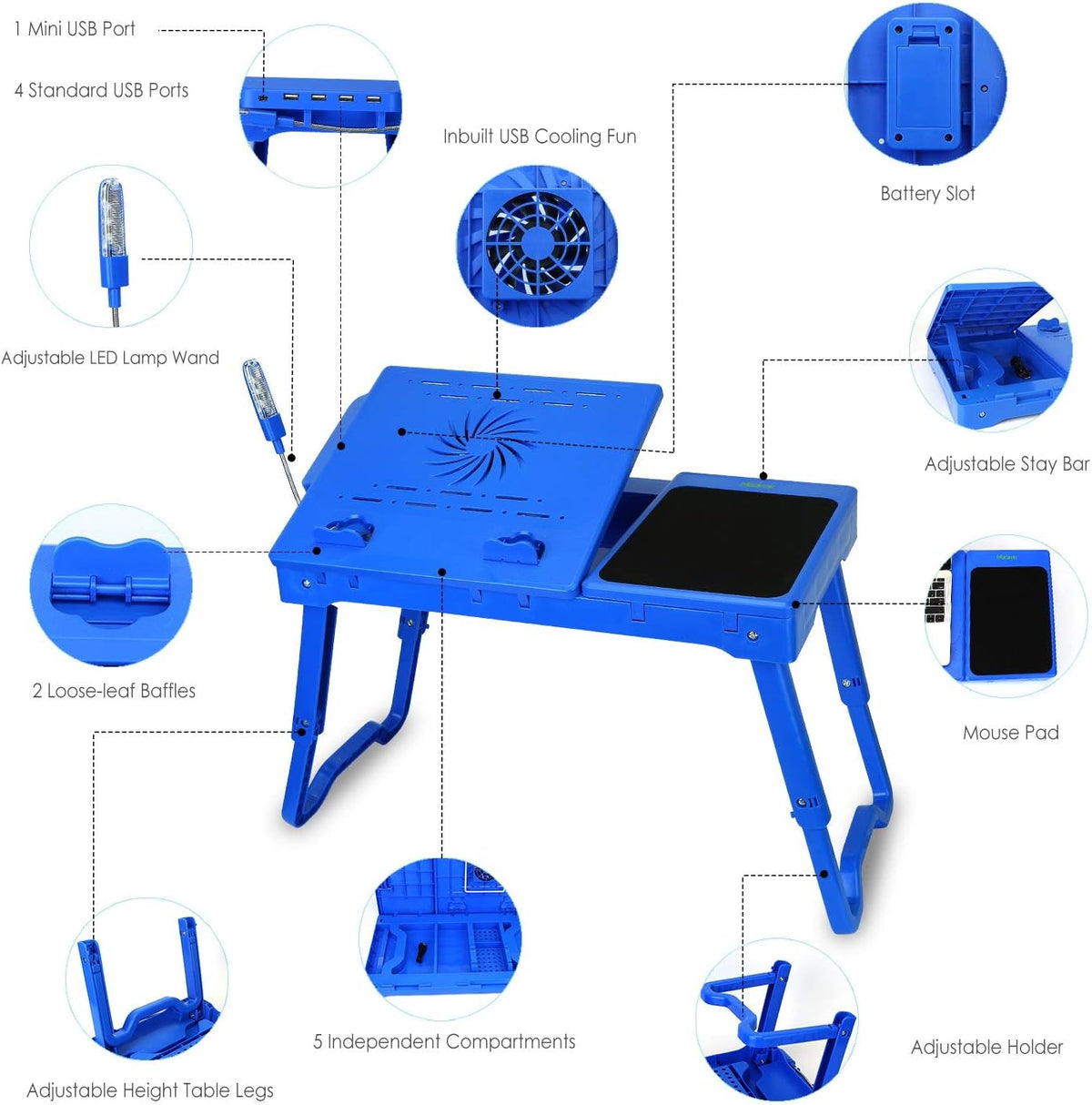 Moclever Laptop Table for Bed-Multi-Functional Laptop Bed Table Tray with Internal Cooling Fan & 2 Independent Laptop Stands-Foldable & 3 Different Height Laptop Desk-LED Lamp-4 Port USB
