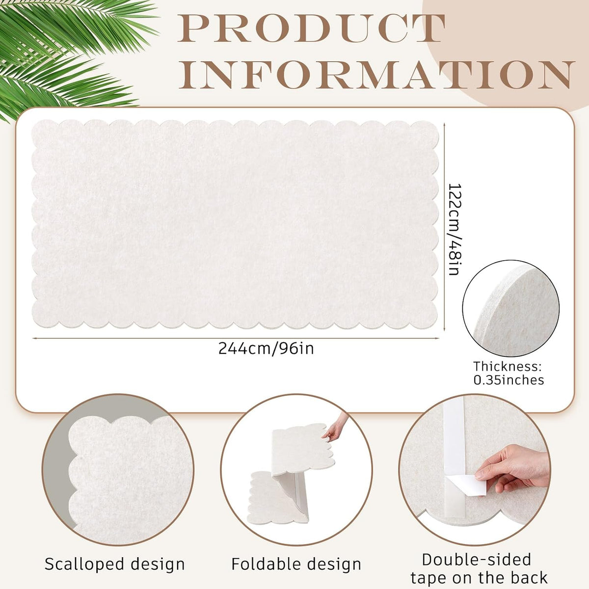 Mooliwe Scalloped Felt Bulletin Cork Board Foldable Beige 96 x 48 Inch