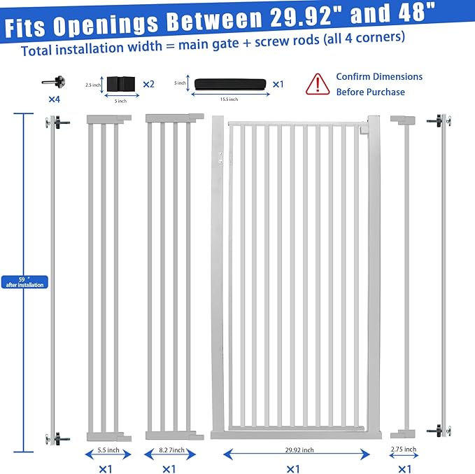 59 Inch Extra Tall Pet Gate for Cats,29.92“- 48” Adjustable Wide Dog Gates,No Drilling Pressure Mounted Walk Through Tall Cat Gate for Doorways,Hallway,Stairs