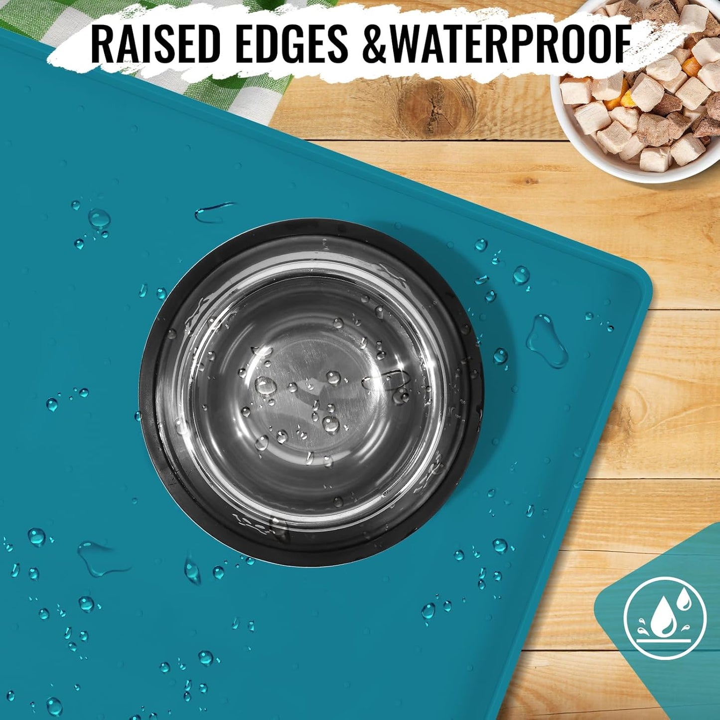 MateeyLife Dog & Cat Food Mat, Waterproof & Nonslip Silicone Feeding Mats for Dogs and Cats, Raised Edge Tray for Messy Drinkers, 24"x16", Teal
