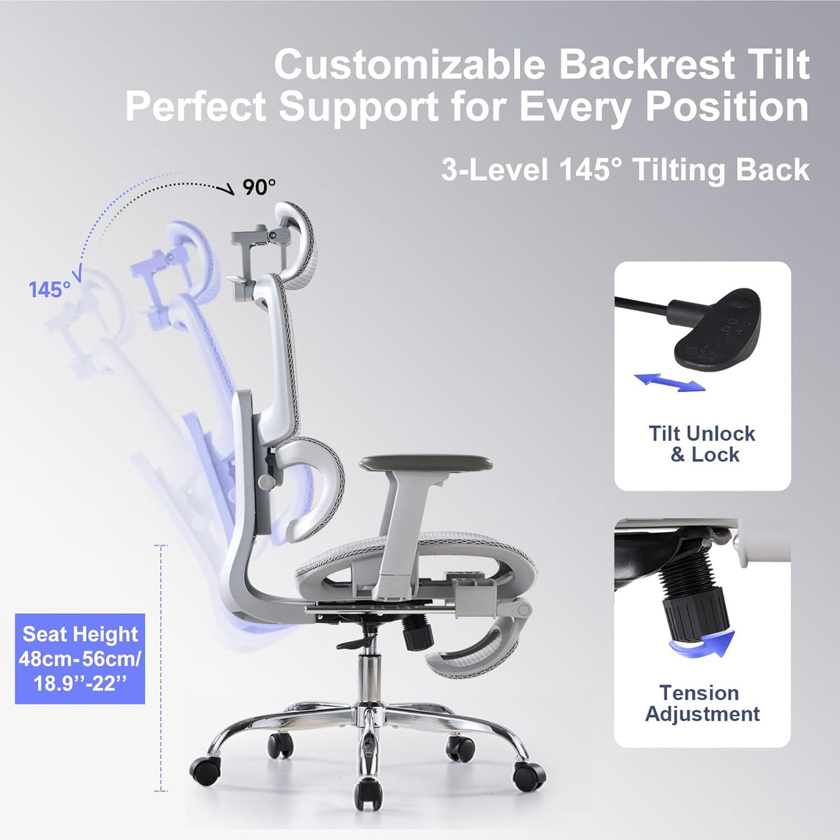 Office Chair with Footrest, Ergonomic Chair with 3D Headrest, Computer Chair with Adjustable Backrest & 3D Armrest, Gaming Chair with Adaptive Lumbar Support, Mesh Backrest & Cushion, Grey
