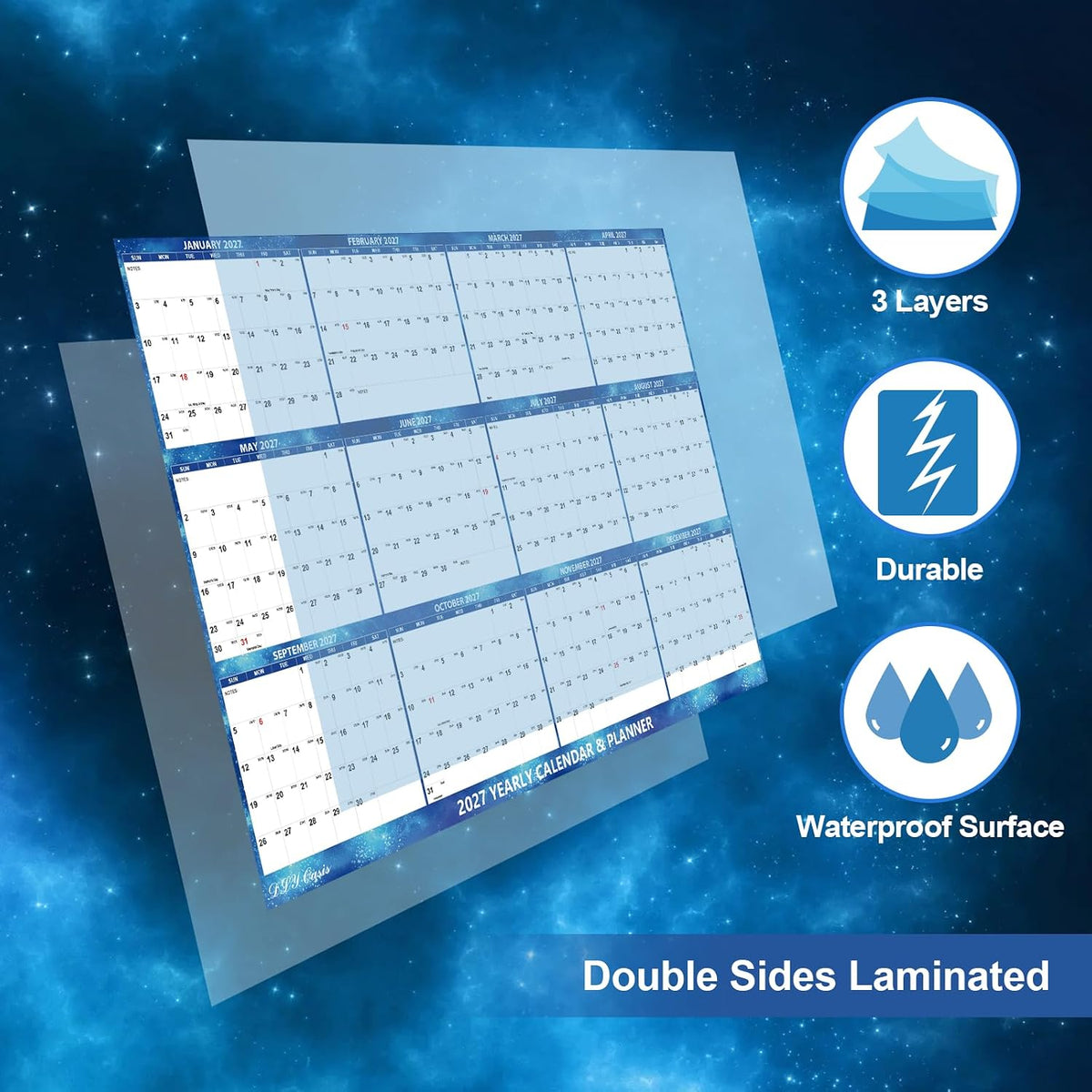 24" x 36" 2027 Wall Calendar 12 Month, Large Wet & Dry Erase Laminated
