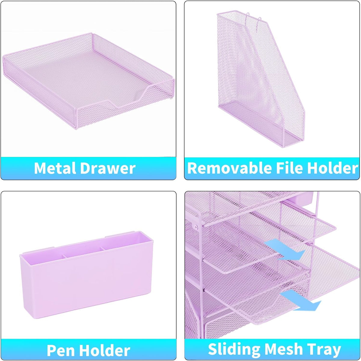 5-Tier Desk File Organizer with Drawer & Pen Holder (Purple)
