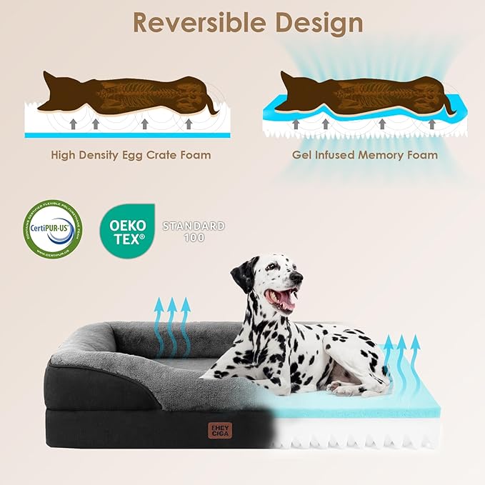 EHEYCIGA Orthopedic Dog Bed for Medium Dog, 35x22x6.5 Inch Memory Foam Dog Couch Bed with Sides, Waterproof Liner & Washable Removable Cover, Bolster Pet Sofa, Grey/Black