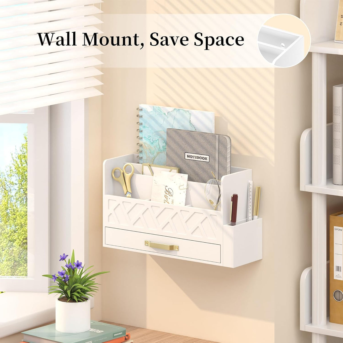 Wisuce Bamboo Mail Organizer Countertop with Drawer and Pen Holder, White