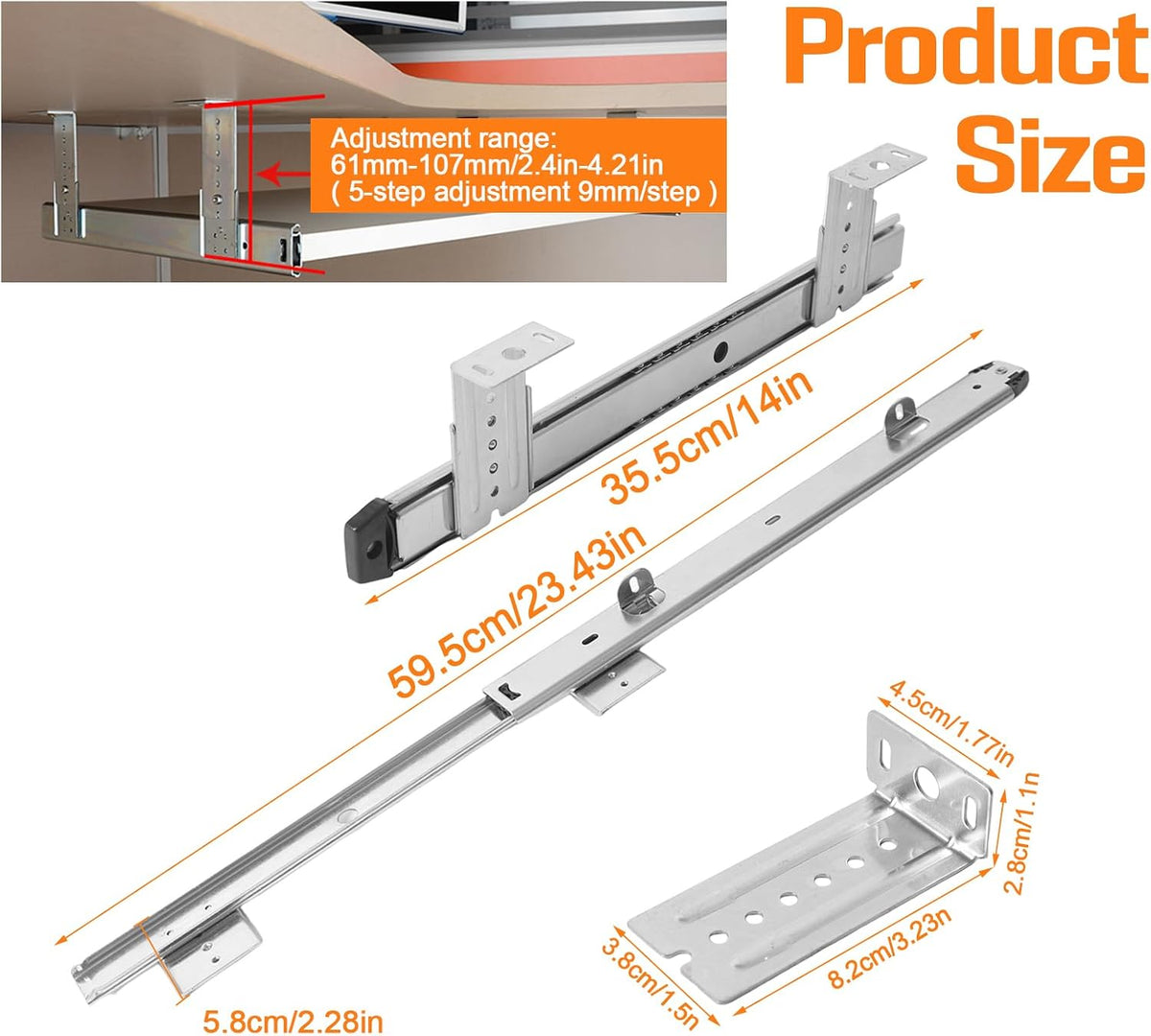 Under Desk Keyboard Tray Pull Out Slide Height Adjustable Slide Out Keyboard Draw Holder Track Full Extension Ball Bearing Under Table Lift Bracket for Mounting Music Keyboard Piano Without Tray