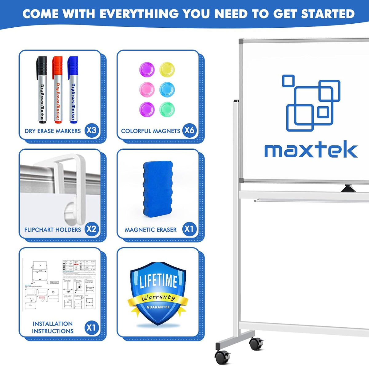 Maxtek Rolling White Board on Wheels 48x32 in, Double-Sided Magnetic Stand