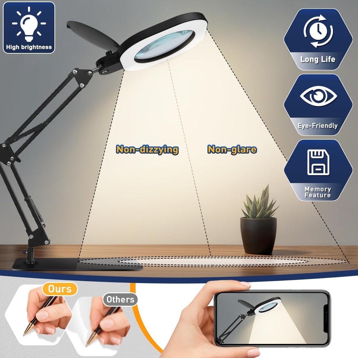 15X Real Glass Standing Magnifying Glass with Light and Stand, 3-in-1 Adjustable Magnifying Floor Lamp & Desk Lamp with Clamp, LED Dimmable Swing Arm Magnifier, Hands Free for Reading Crafts Repair