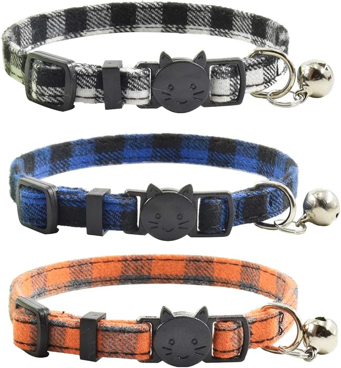 Breakaway cat Collars with Bell, Set of 3, Durable & Safe Cute Kitten Collars Safety Adjustable Kitty Collar for Cat Puppy 7.5-11in (Black,Blue,Orange)