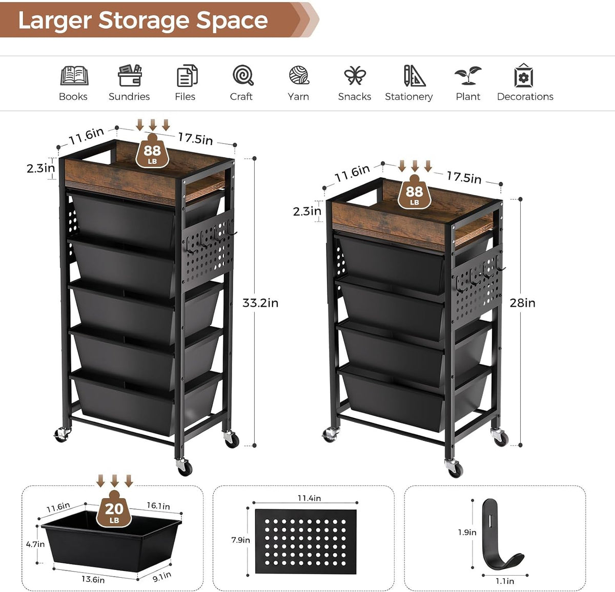 6 Tier Rolling Cart with Drawers, Plastic Drawer Storage Craft Cart with Pegboards & Hooks, Metal Utility Cart with Wheels & Wooden Tabletop, Classroom Office Art Supply Organizers and Storage, Black
