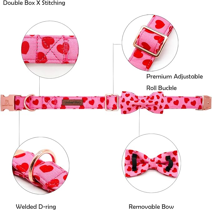 Lionheart glory Dog Bow Collar Valentine's Day Dog Collar for Small Dogs, Hearts Dog Collars with Bowtie Spring Dog Collar Pet Collar Bows