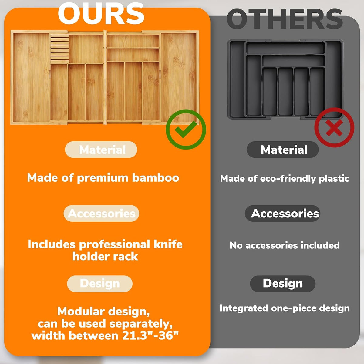 BAMEOS Expandable Silverware Drawer Organizer with Removable Knife Blocks, Bamboo Kitchen Utensil Holder from 21" to 36", Large Cutlery Tray with Divider for Forks, Spoons, Knives