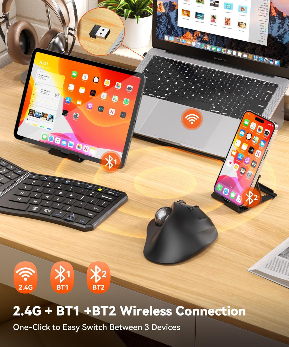 Ergonomic Wireless Trackball Mouse, Bluetooth & 2.4G, Multi-Device