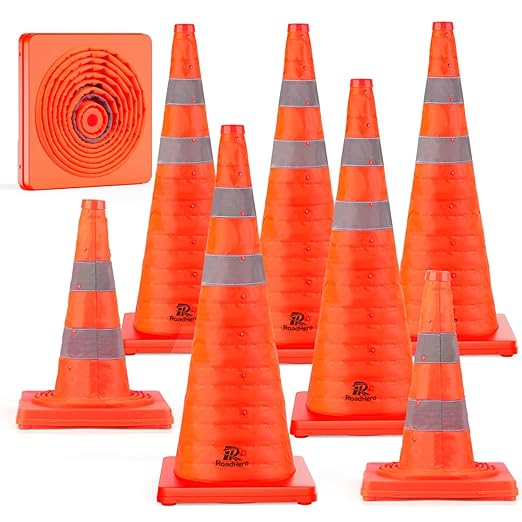 RoadHero 28 Inch 8 Pack Collapsible Traffic Cones, Multi Purpose Pop-up Orange Cones with Reflective Collar for Road Safety, Parking Cones for Sports, Driving Training