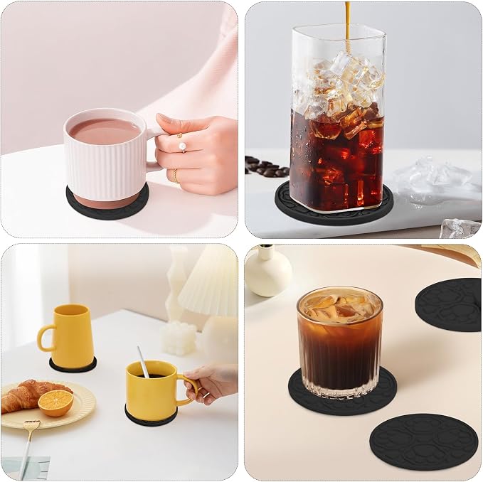 Black Silicone Coasters with Holder, 4 Inch Modern Non-Slip Drink Coasters Set