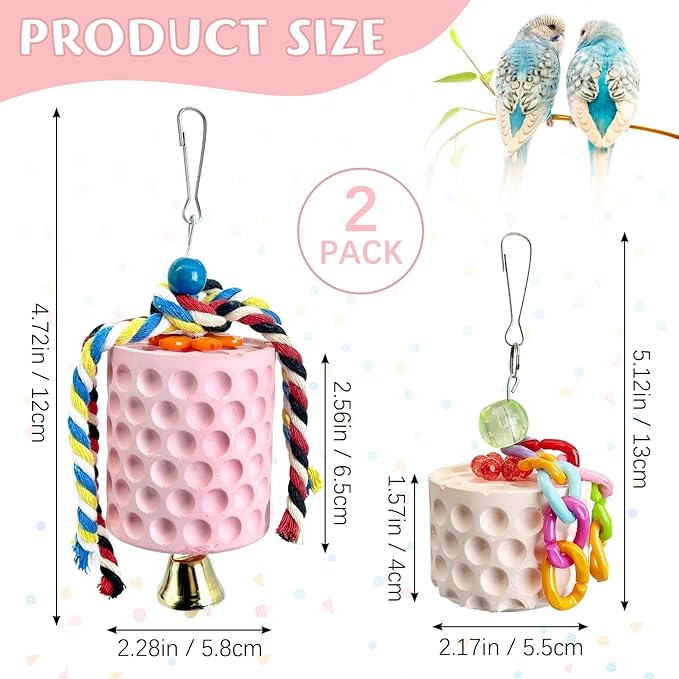 PINVNBY 2 Pack Bird Chew Toys Bird Beak Grinding Stone Lava Calcium Block with Bell Hanging Parrot Chewing Toy Cage Accessories for Parakeets Conures Cockatiels Budgies Lovebirds