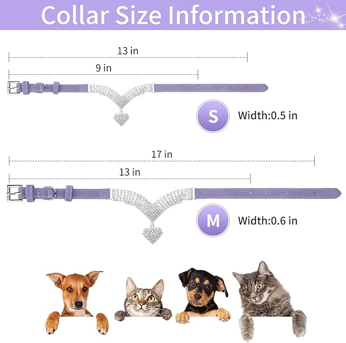 EXPAWLORER Cute Dog Necklace - Rhinestone Dog Collar, Soft Velvet Collar for Girl Boy Cats Dogs, Sparkling Pet Neck Decoration, Adjustable Pet Collar for Puppies Cats Small Medium Dogs, Purple M