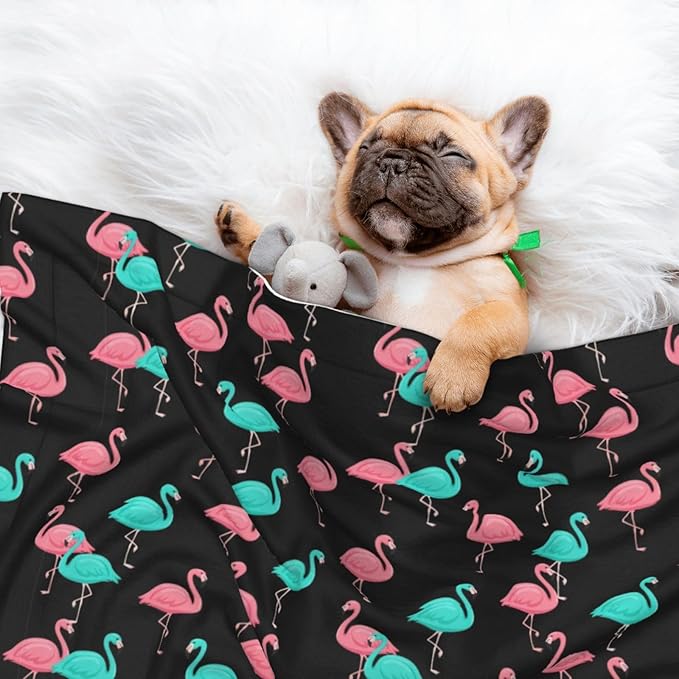 Double Sided Pet Bed Blanket for Added Cushion Warmth, Flamingo Pattern, Reversible Cover with Textured Dot Surface for Existing Beds Standalone Mat