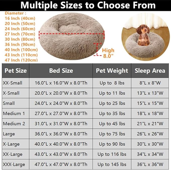 Large Calming Dog Bed, 47 Inch Anti-Anxiety Donut Dog Cuddler Cat Bed, Warming Cozy Soft Dogs Round Bed, Fluffy Faux Fur Machine Washable Pet Cushion for Medium Large Dogs & Cats (Grey White)