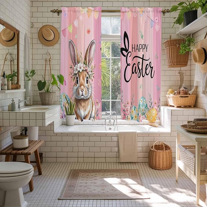 Easter Kitchen Curtains, Spring Rabbit Eggs Flowers Flags Leaves Wood Grain