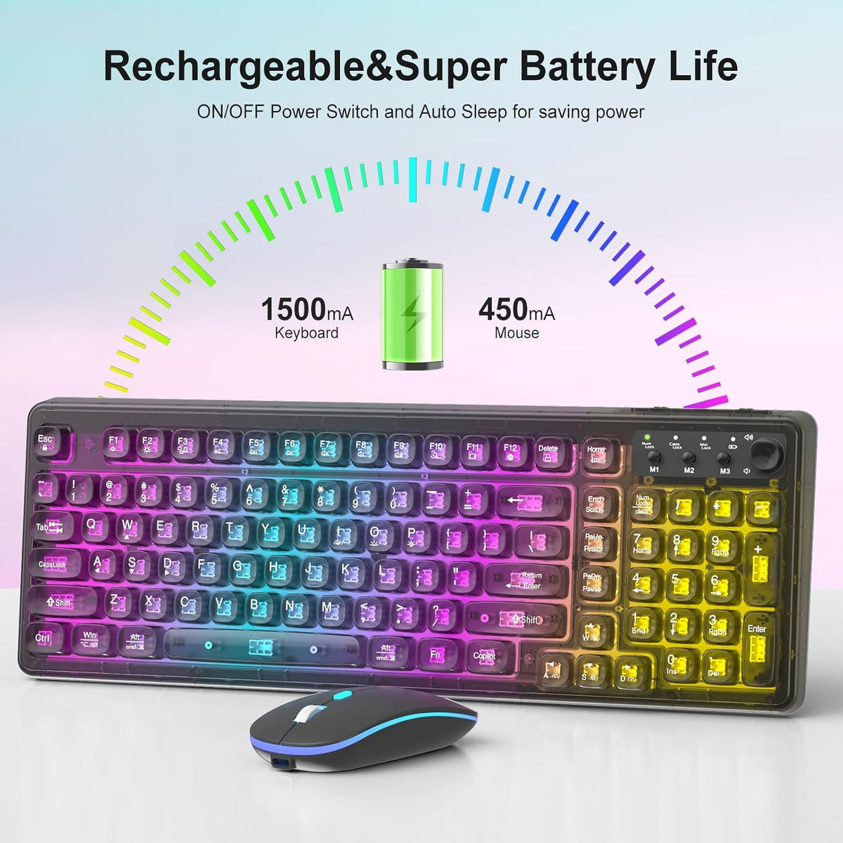 Wireless Keyboard and Mouse Combo Rechargeable, Light Up Transparent Backlit Keyboard with 15 LED Lighting Effects, Volume Knob, RGB Mouse, 2.4GHz Wireless for PC Laptop Desktop, Black