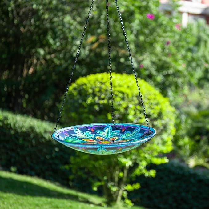 MUMTOP Hanging Bird Bath - Bird Baths for Outdoors, 11 Inch Glass Bird Bath Bowl Outdoor Bird Feeders for Garden Yard and Patio Decor