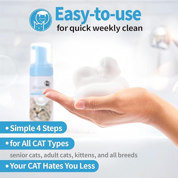 Mooncat Waterless Shampoo & Brush Kit for Longhair Cats | Complete Grooming System for Detangling, Deshedding & Matted Fur | Licking Safe No-Rinse Foam with Gentle Silicone Massager - Made in Taiwan