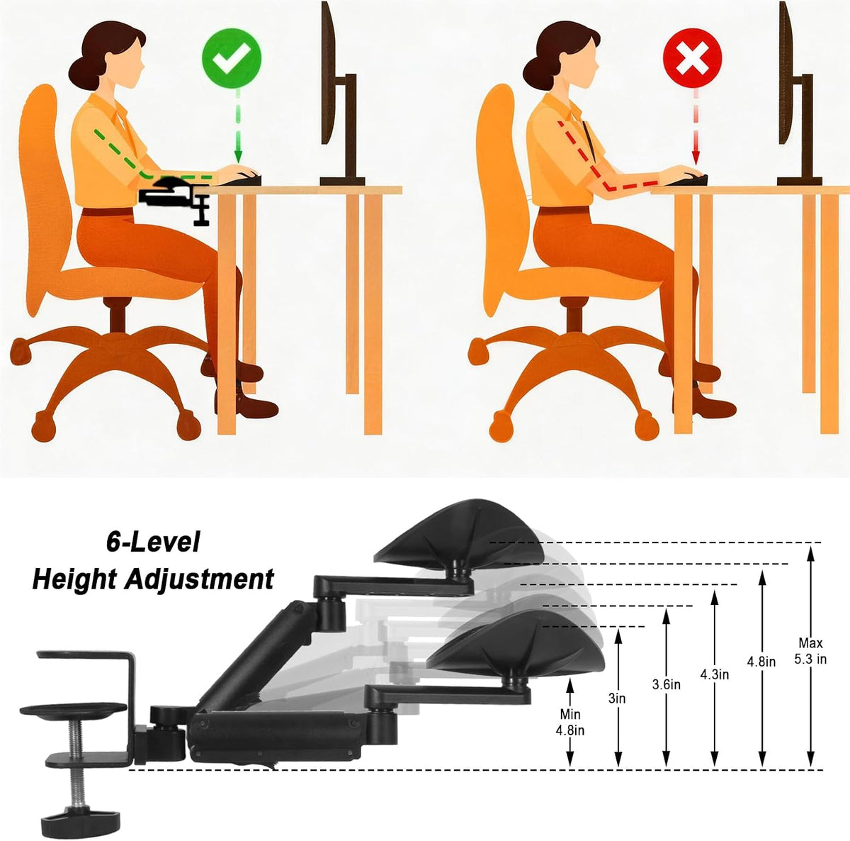 Adjustable Arm Rest for Desk, 360° Rotating and 6-Level Height Desk Arm Rest, Ergonomic Clamp-on Elbow Rest for Desk, Computer Desk Arm Rest Pad, Office & Gaming Desk Accessories