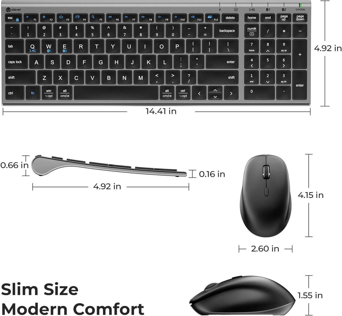 iClever DK05 Bluetooth Wireless Keyboard and Mouse Combo, Space Gray