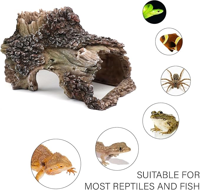 Tree Trunk Cave Aquarium Decoration Reptile Cave Climb Hideout Hideaway, Betta Log Resin Wood House Fish Tank Decorations for Betta Fish, Shrimp, Lizards, Leopard Gecko