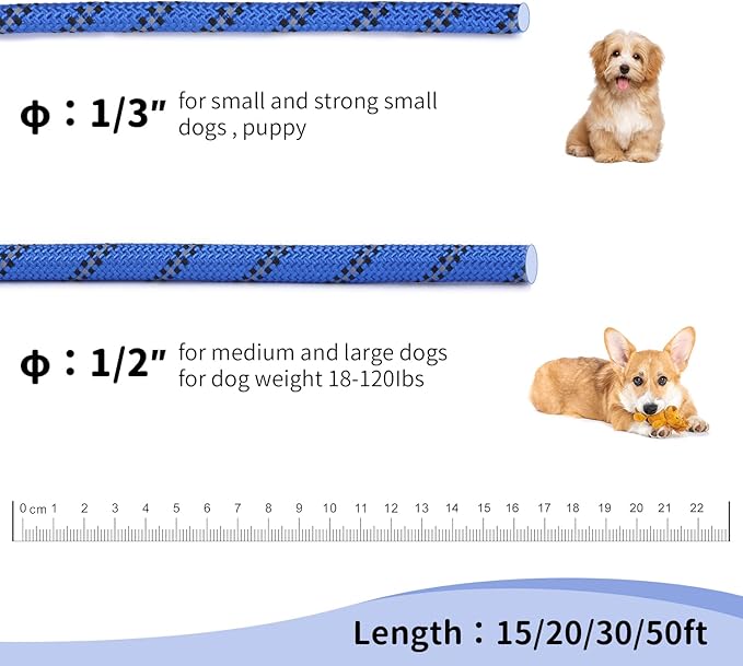 Long Dog Leash for Training 50Ft-Reflective Nylon Rope with Swivel Hook-Recall Agility Lead for Large Small Medium Dogs Outside Walking Hiking-Royal Blue Diam 1/2"