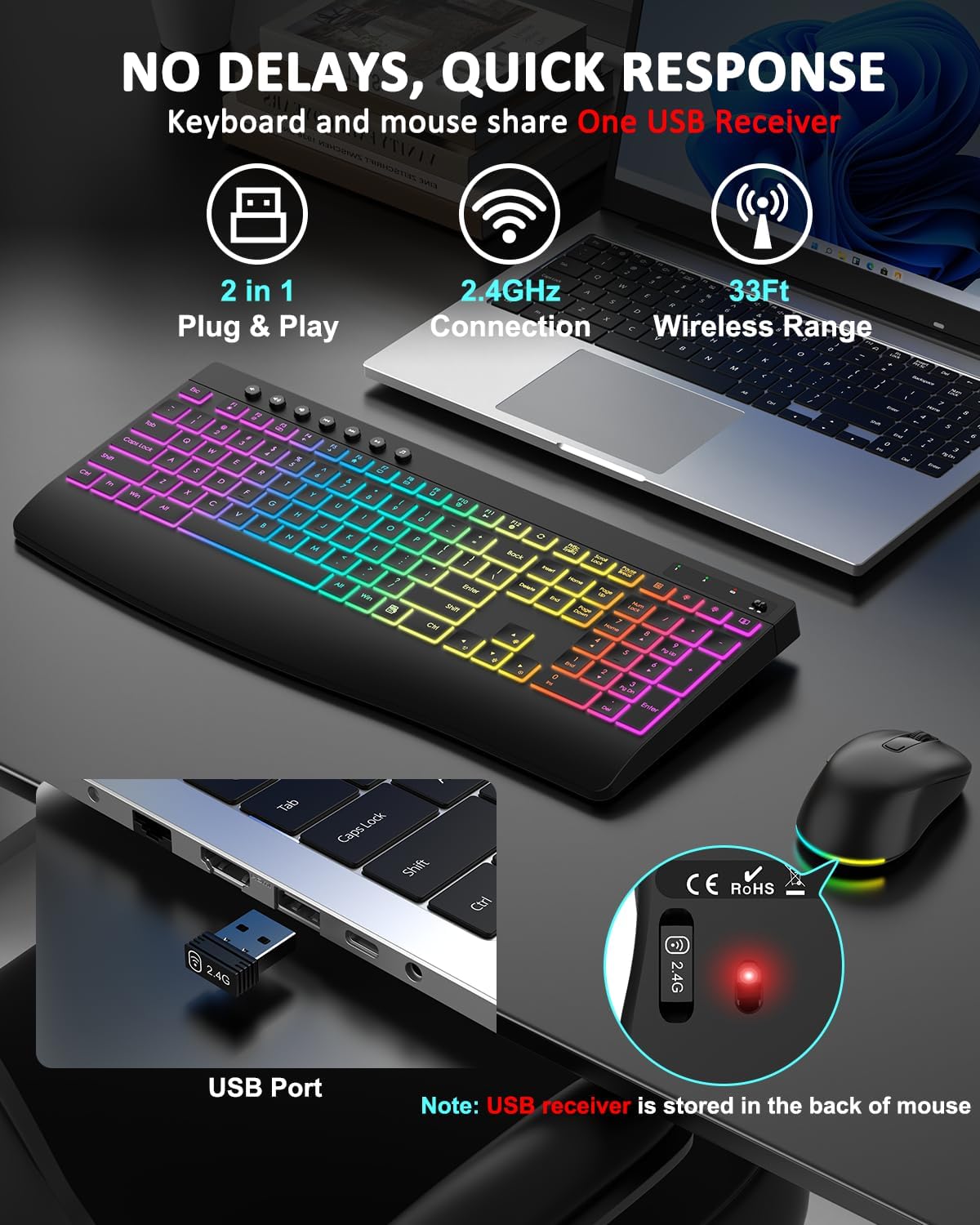 Wireless Keyboard and Mouse Combo, 9 Backlit Effects, 4000mAh Rechargeable Backlit Keyboard with Wrist Rest, 6 Button Mouse, 2.4G Full Size Quiet Keyboard Set for Computer, PC, Laptop, Mac, Windows