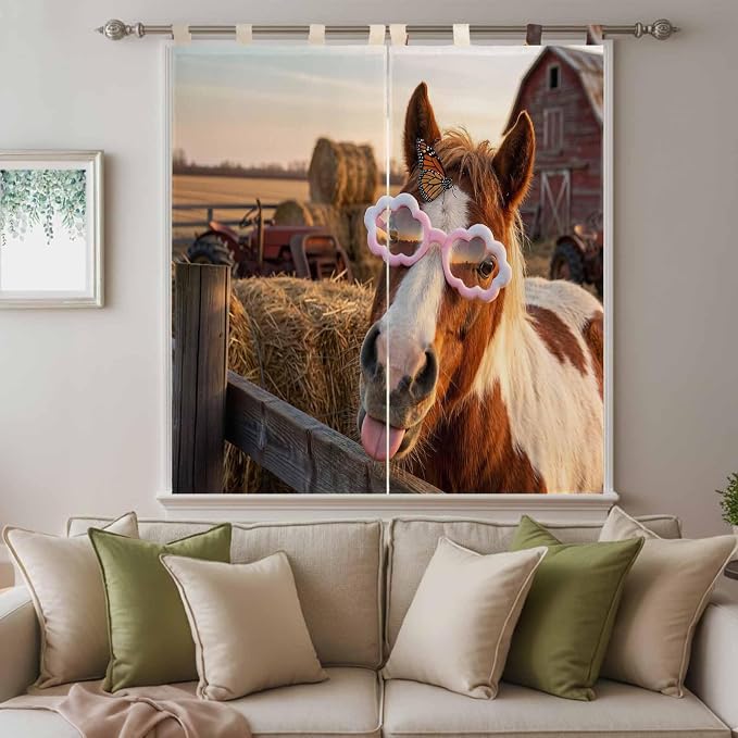 Farm Horses Bathroom Curtains 63 Inch Length, Window Curtains Tab Top,