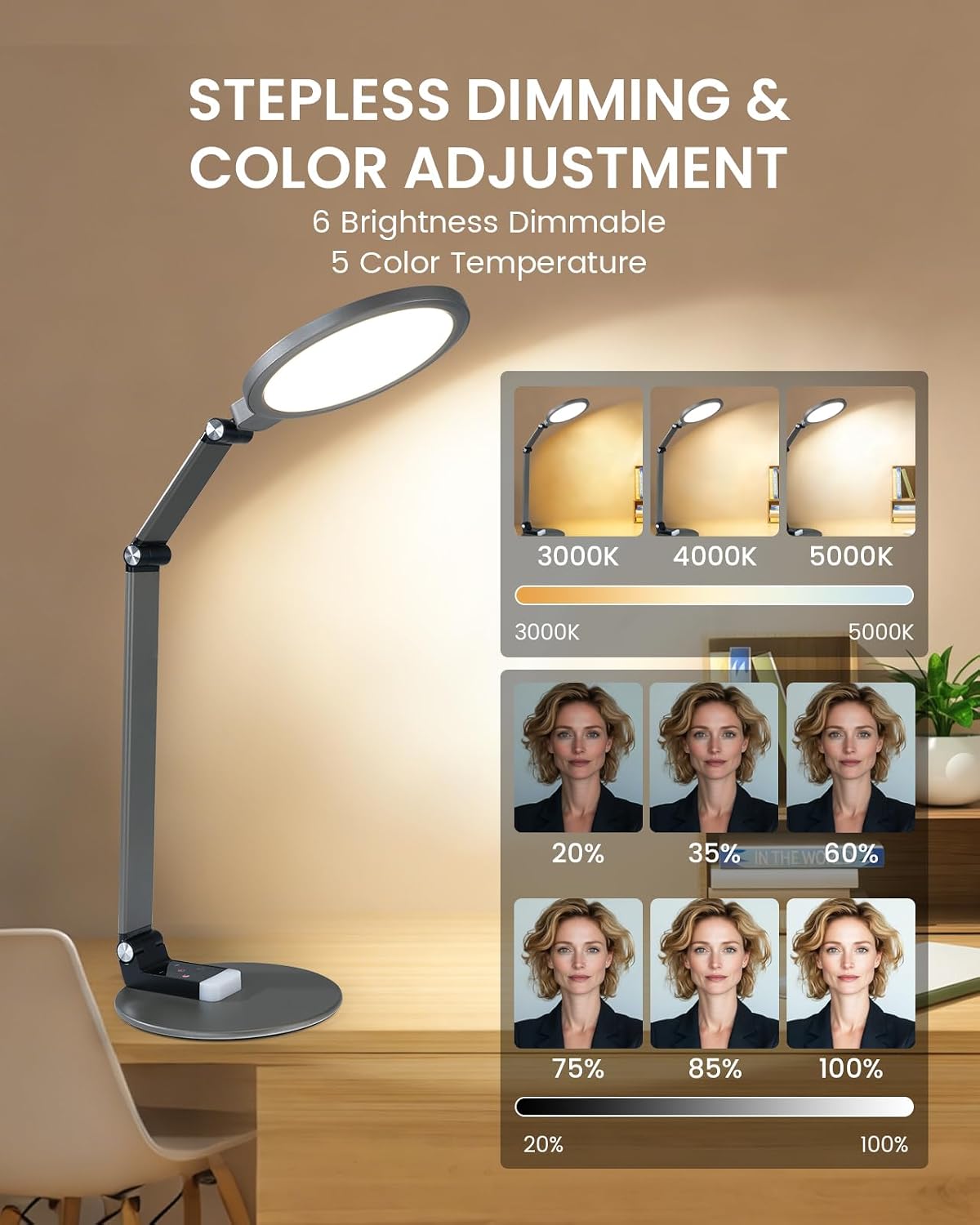 Desk Lamp for Home Office, Eye-Caring Diffused Table Lamp