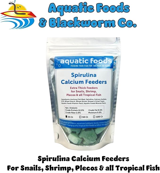 Aquatic Foods Inc. Spirulina Enriched Calcium Feeders for Shrimp, Snails, Crabs, Crayfish, Pleco, Catfish, All Tropical Fish…25 Count Bag