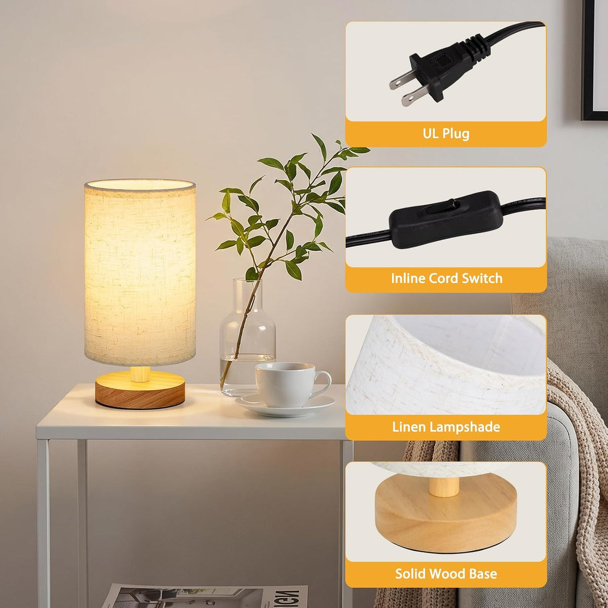 Fenmzee 8.5" Small Table Lamps Set of 2 - Light Beige Shade & Wood Base