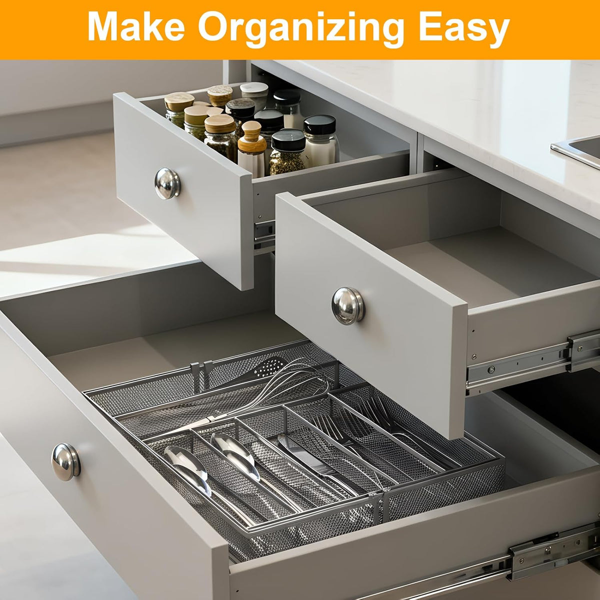 1 Pcs Utensil Drawer Silverware Organizer, Metal Mesh, Silver