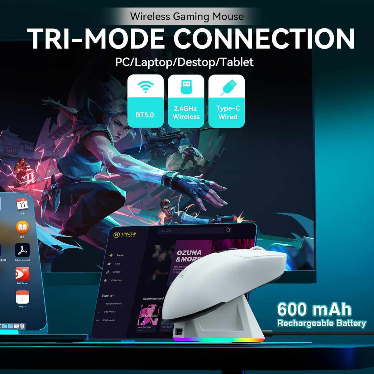 SOLAKAKA SM820 Wireless Gaming Mouse with RGB Charging Dock,24000 DPI Tri-Modes Wireless Mouse with 2 Side Buttons, PAW3311 Optical Sensor, Programmable Macro Mouse for Gaming(White)