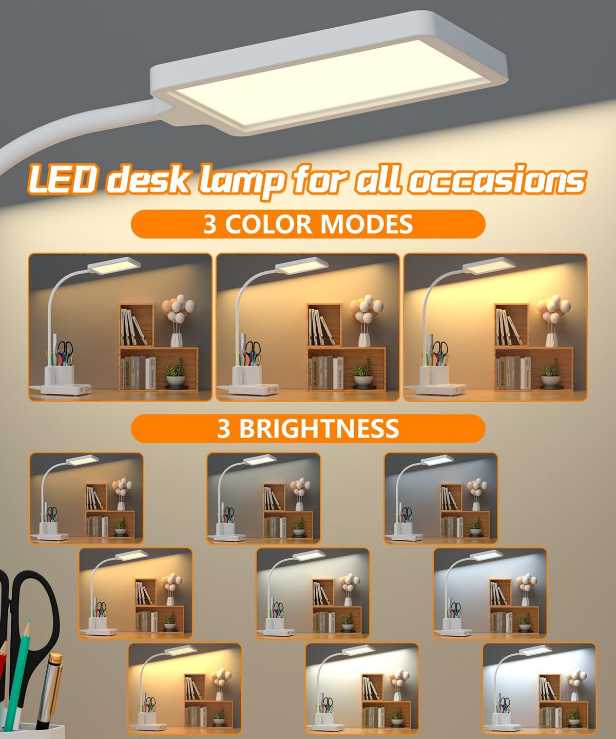 cozoo LED Desk Lamp for Dorm USB A/C Charger Pen Holder 3 Light Modes White