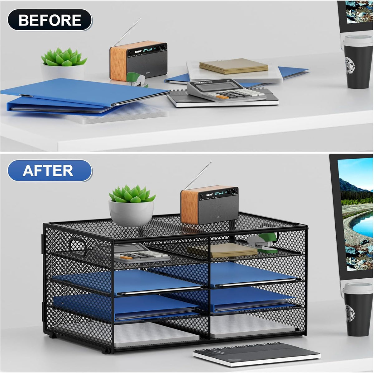Lavatino 8 Compartments Paper Organizer for Desk, Mesh Literature Organizer, Mail File Sorter Tray with Handle, Desktop Mailbox for Office Classroom Home, Black