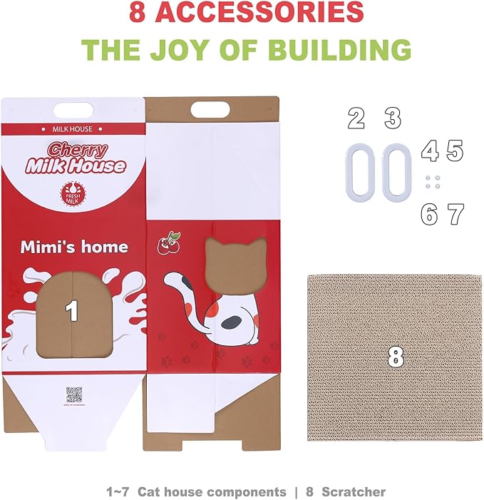 Cardboard Cat House with Scratcher - Red Cherry Carton Milk Box -13''L x 13''W x 22.5''H for Cats up to 16 Lbs - Portable Handle for Easy Transportation - Indoor Cat Playhouse & Hideaway