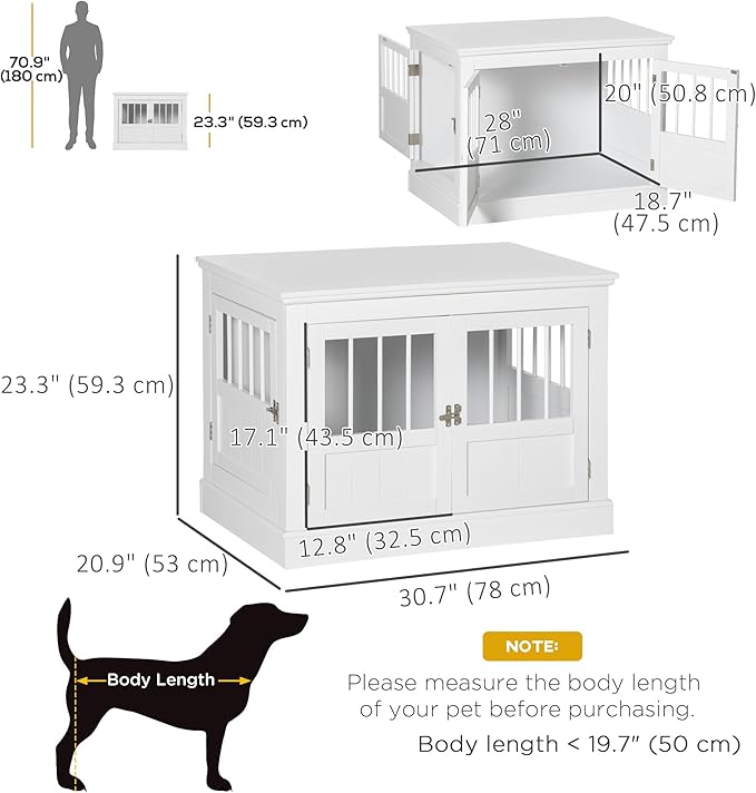 PawHut Dog Crate End Table with Triple Doors, Wooden Dog Crate Furniture Indoor Use, Puppy Crate for Small Dogs, White